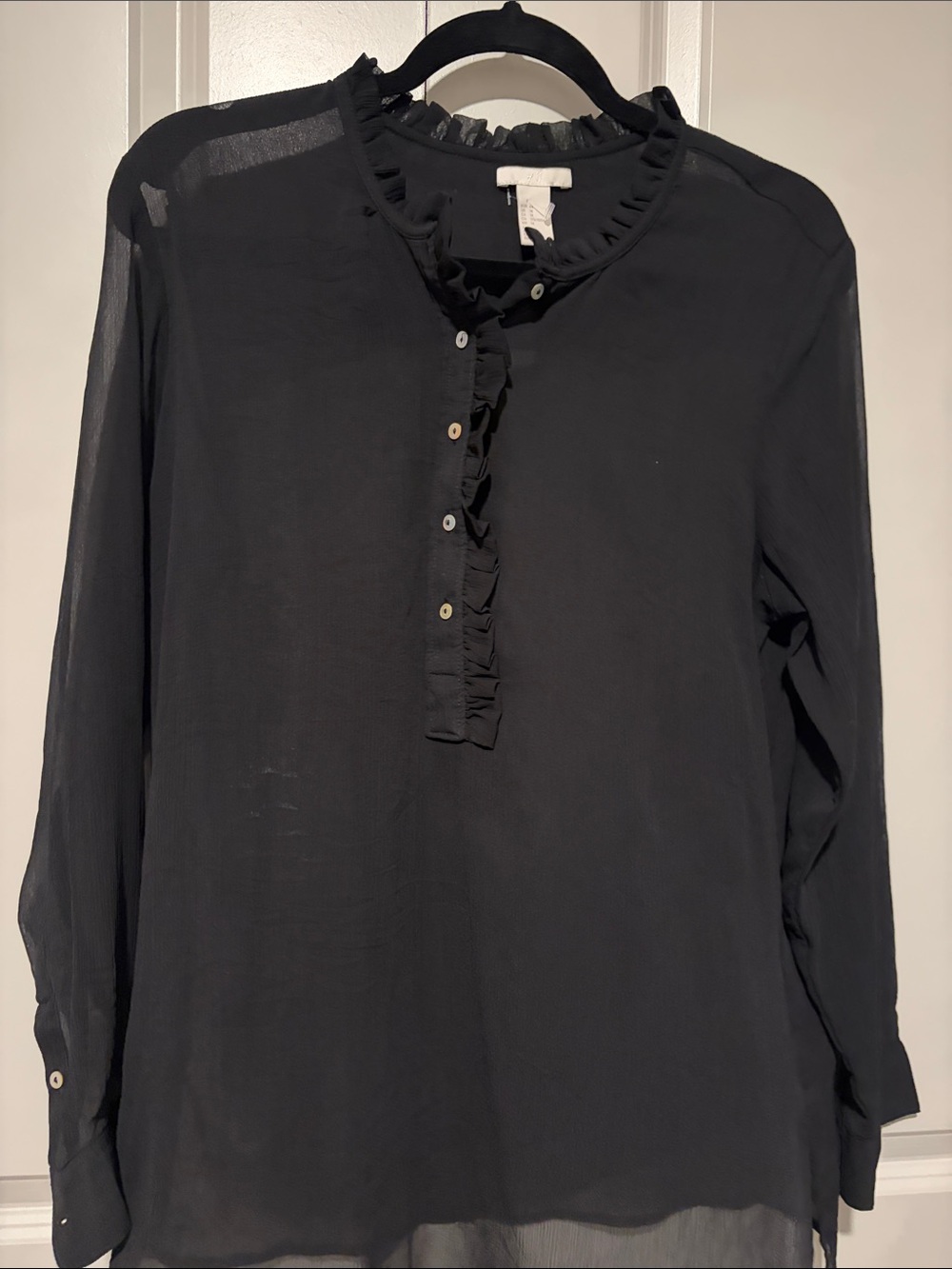 H&M Black Sheer Ruffle-Trim Button Blouse